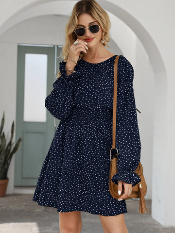 Allover Polka Dot Flounce Sleeve A-line Dress