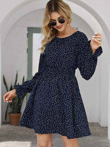 Allover Polka Dot Flounce Sleeve A-line Dress