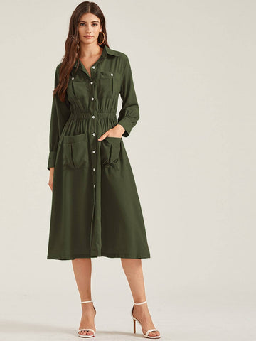 Dual Pocket Button Through Shirt Dress