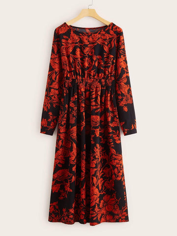 Floral Print Shirred Waist A-line Dress