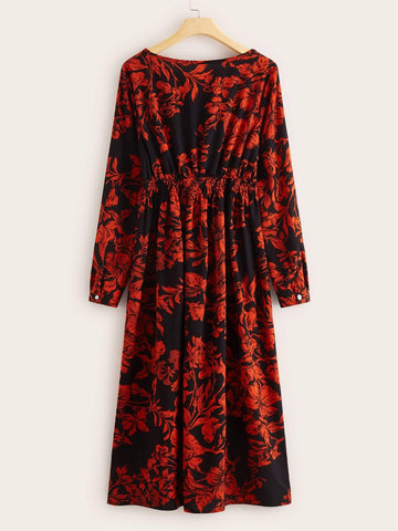 Floral Print Shirred Waist A-line Dress