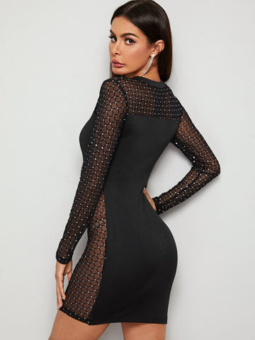 Geo Print Contrast Mesh Bodycon Dress