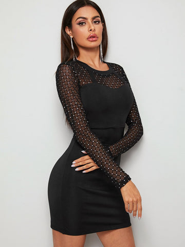 Geo Print Contrast Mesh Bodycon Dress