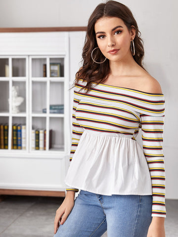 Striped Ruffle Hem Foldover Bardot Tee