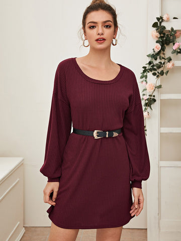 Puff Sleeve Rib-knit Jumper Dress Without Belt