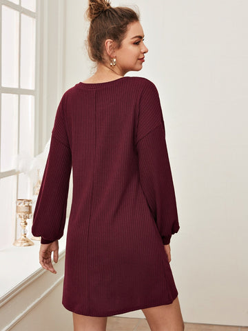 Puff Sleeve Rib-knit Jumper Dress Without Belt