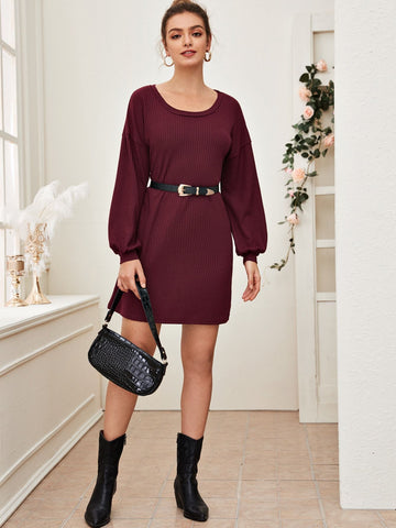 Puff Sleeve Rib-knit Jumper Dress Without Belt