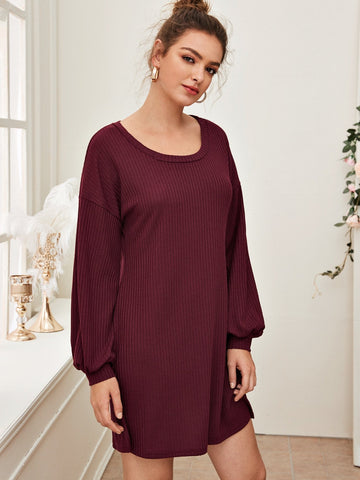 Puff Sleeve Rib-knit Jumper Dress Without Belt