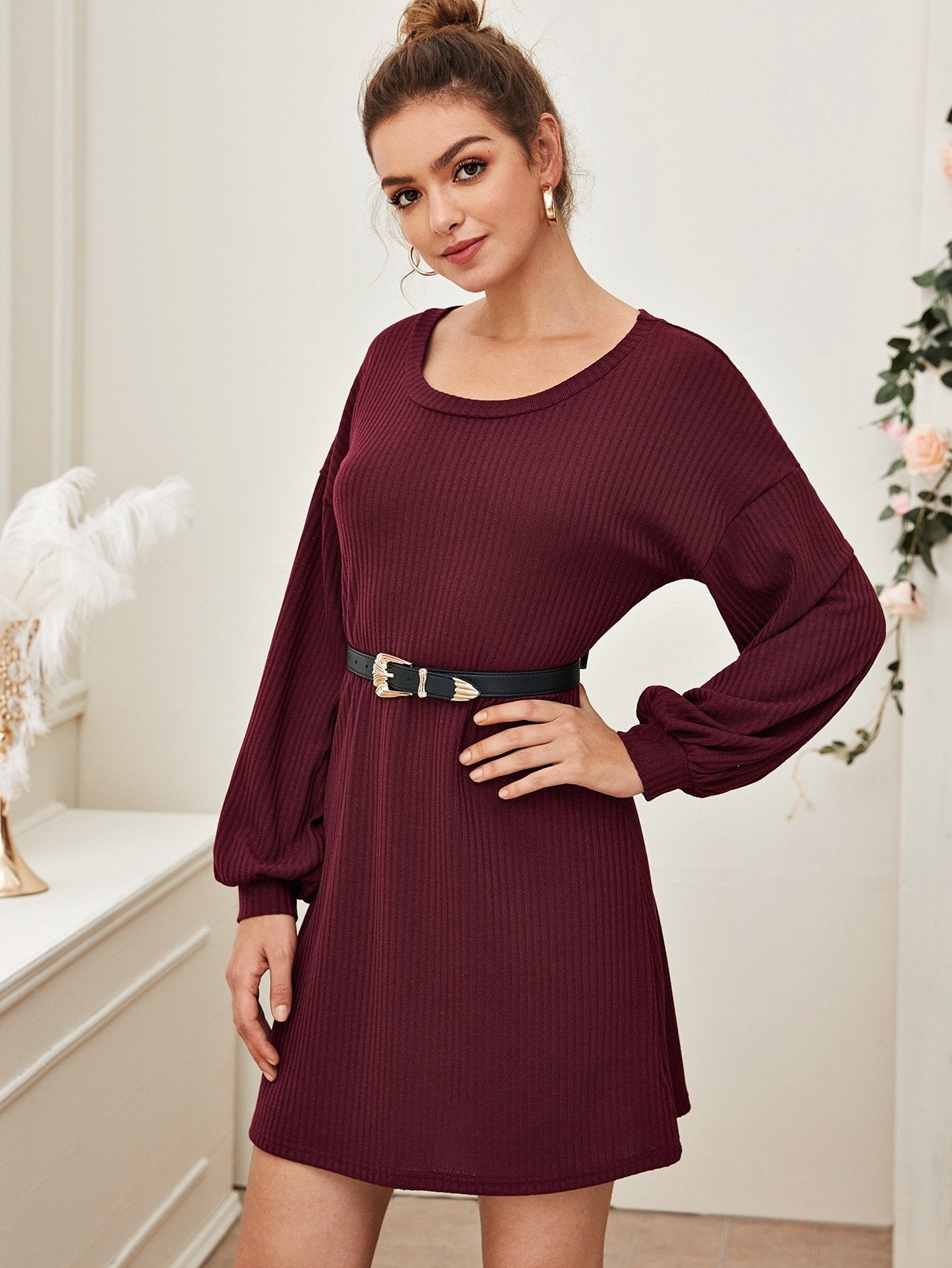 Puff Sleeve Rib-knit Jumper Dress Without Belt