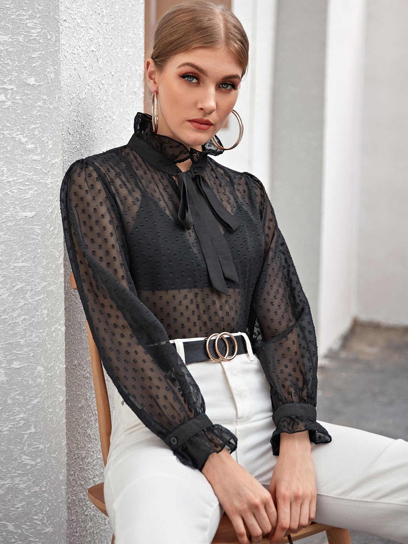 Polka Dot Tie Neck Ruffle Trim Sheer Blouse