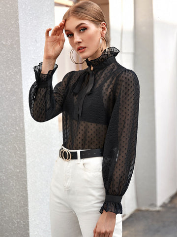 Polka Dot Tie Neck Ruffle Trim Sheer Blouse