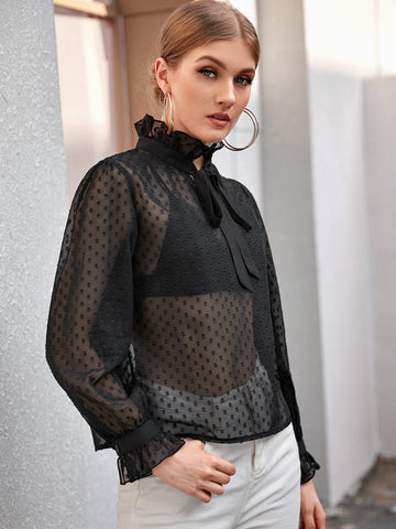 Polka Dot Tie Neck Ruffle Trim Sheer Blouse