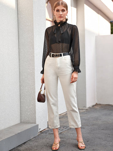 Polka Dot Tie Neck Ruffle Trim Sheer Blouse