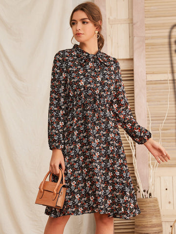 Tie Neck Allover Floral Midi A-line Dress