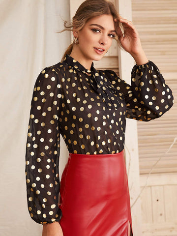 Chiffon Tie Neck Polka Dot Sheer Blouse