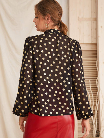 Chiffon Tie Neck Polka Dot Sheer Blouse