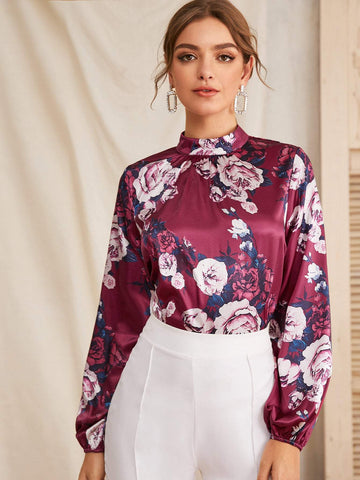 Mock Neck Floral Print Satin Blouse