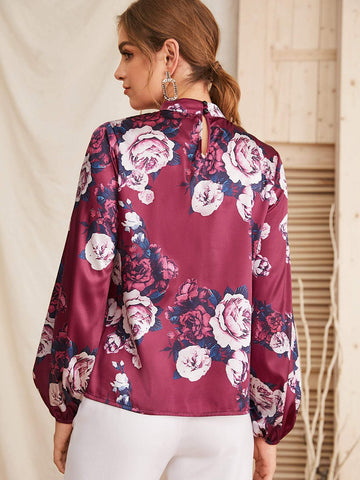 Mock Neck Floral Print Satin Blouse