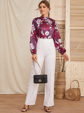 Mock Neck Floral Print Satin Blouse