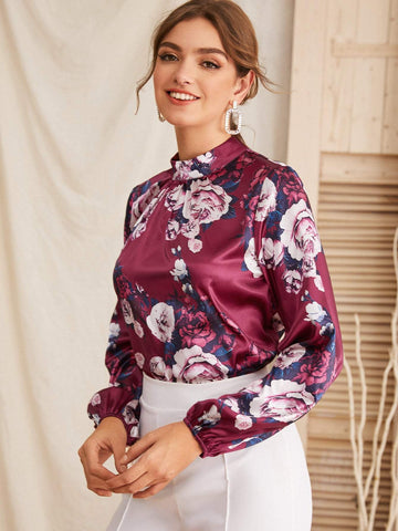 Mock Neck Floral Print Satin Blouse