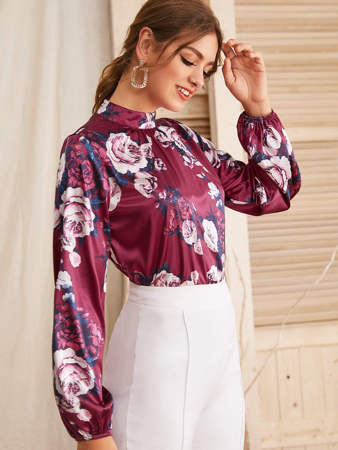 Mock Neck Floral Print Satin Blouse