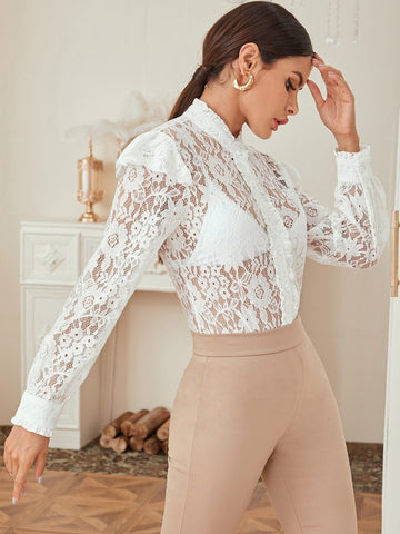 Button Through Frill Trim Lace Sheer Blouse