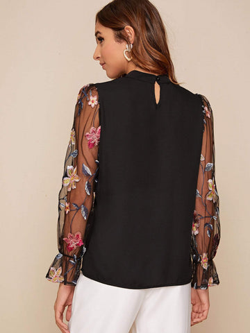 Contrast Mesh Floral Embroidered Blouse