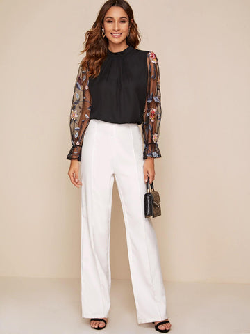 Contrast Mesh Floral Embroidered Blouse
