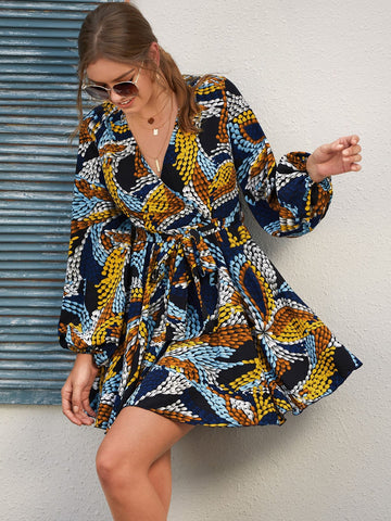 Graphic Wrap Front Belted Dress