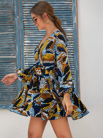 Graphic Wrap Front Belted Dress