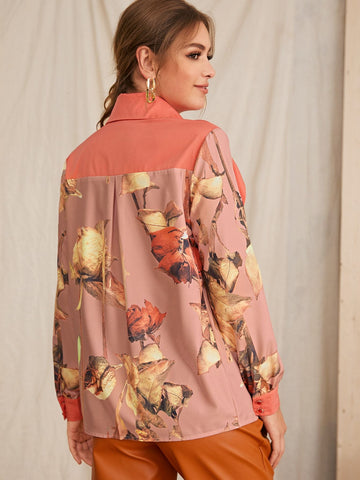 Floral Print Contrast Collar Blouse