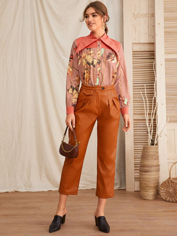 Floral Print Contrast Collar Blouse