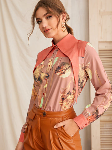 Floral Print Contrast Collar Blouse