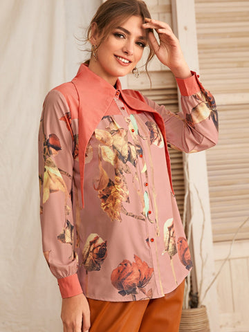 Floral Print Contrast Collar Blouse