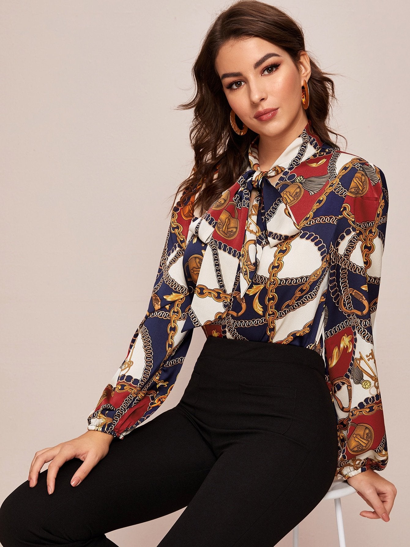 Tie Neck Chain Print Blouse