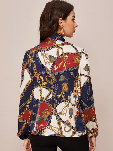 Tie Neck Chain Print Blouse