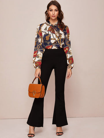 Tie Neck Chain Print Blouse