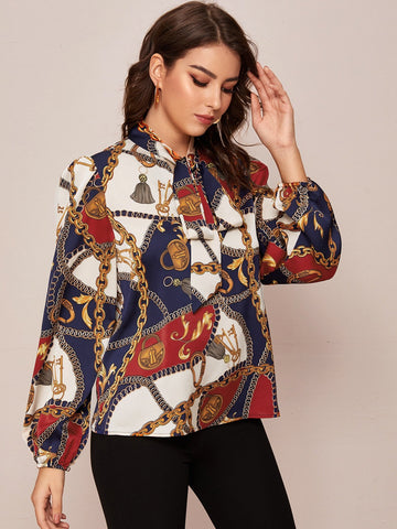 Tie Neck Chain Print Blouse