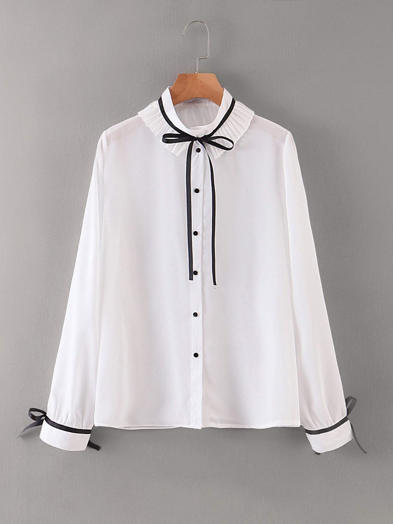 Tie Neck Button Up Pleated Trim Blouse