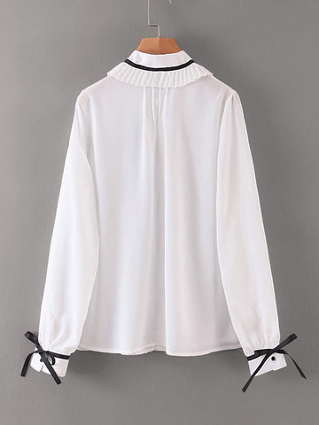 Tie Neck Button Up Pleated Trim Blouse