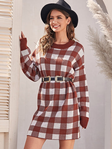 Drop Shoulder Buffalo Plaid Jumper Dress