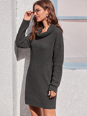 Drop Shoulder Cowl Neck Rib-knit Jumper Dress Without Belt