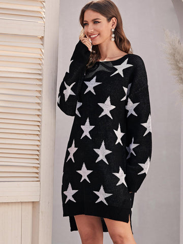 Drop Shoulder High Low Slit Hem Star Jumper Dress