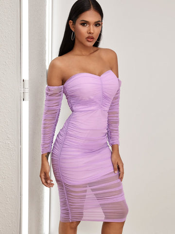 Off Shoulder Ruched Mesh Overlay Bodycon Dress
