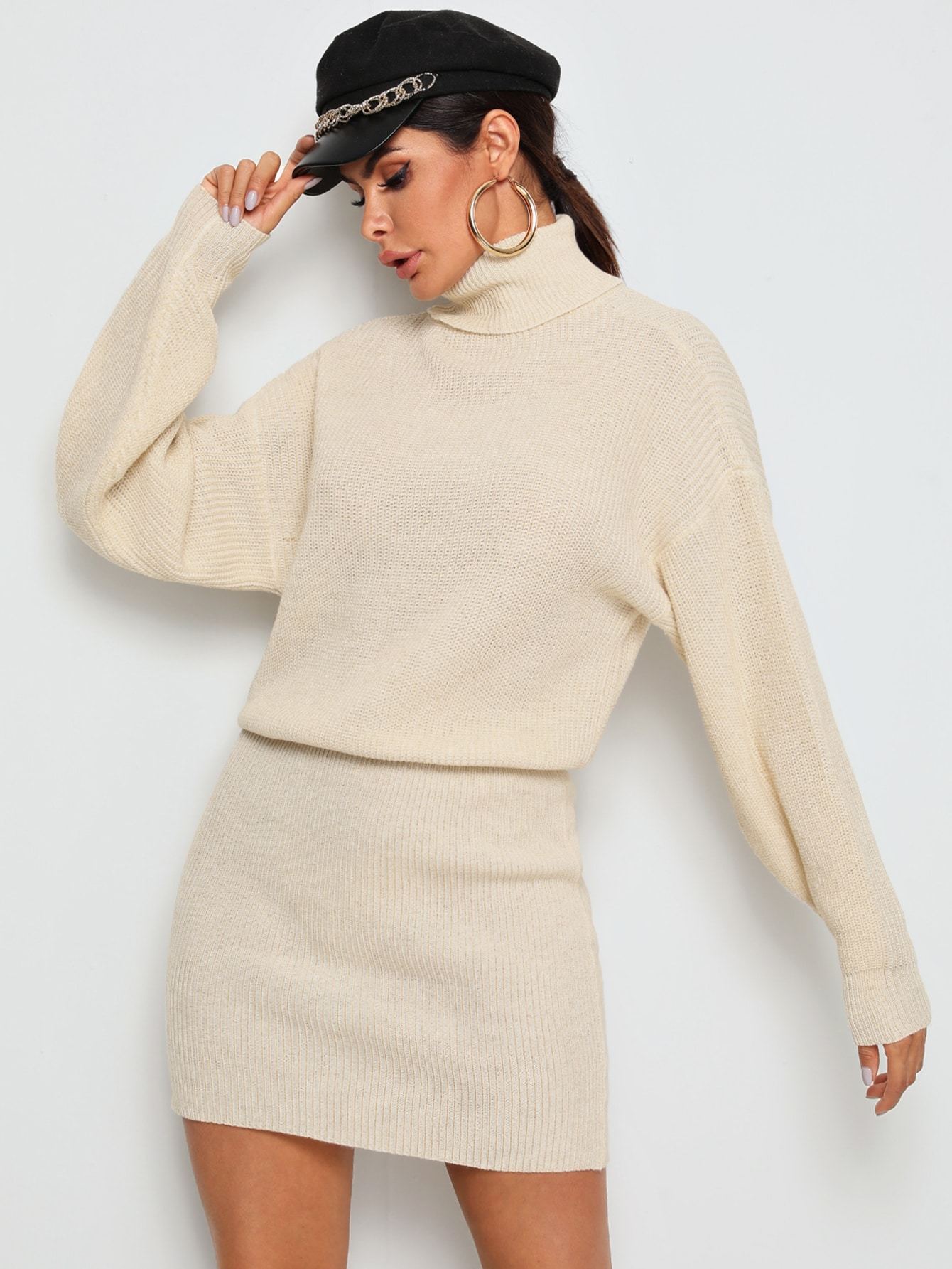 High Neck Rib-Knit Blouson Jumper Dress