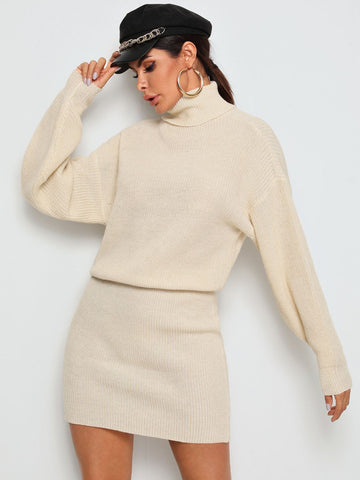 High Neck Rib-Knit Blouson Jumper Dress