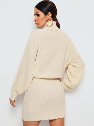High Neck Rib-Knit Blouson Jumper Dress