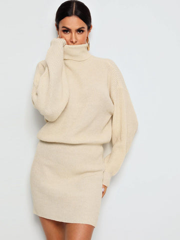 High Neck Rib-Knit Blouson Jumper Dress