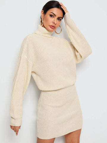 High Neck Rib-Knit Blouson Jumper Dress