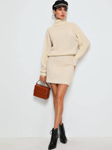 High Neck Rib-Knit Blouson Jumper Dress